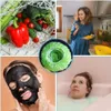 A collage of four images showing food, a woman cooking, a face mask, and a woman in a bathtub. Produktbild-Vorschau