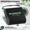 A black orthopedic seat cushion with dimensions and feature callouts. Produktbild-Vorschau