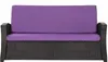A purple and black outdoor bench cushion on a white background.
