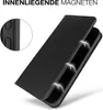 A black flip phone case is shown with a close-up inset of its side buttons and three lightning bolt graphics indicating magnetic closures. Produktbild-Vorschau