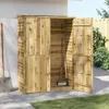 A wooden garden shed with its doors open, showing gardening tools inside, placed on a paved area next to a wall and grass. Náhled obrázku produktu
