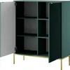 A green cabinet with gold legs and handles, shown with its doors open. Podgląd zdjęcia produktu