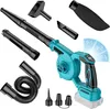 A collection of accessories for a cordless leaf blower, including various nozzles, a flexible hose, and a dust bag, laid out with the leaf blower itself. Produktbild-Vorschau