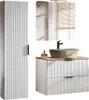 A modern bathroom vanity set with a tall cabinet, a sink, and a mirror. Produktbild-Vorschau
