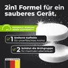The image shows two white cleaning tablets for a coffee machine against a dark, speckled background. Text overlays highlight the product's features and benefits, and a German flag emblem indicates its origin. Produktbild-Vorschau