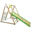 A wooden Montessori playset with a slide, swing, and climbing ramp, set against a white background. Produktbild-Vorschau