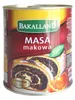 A can of Bakalland Masa makowa, a sweet poppy seed filling with dried fruits, shown with a slice of poppy seed roll and orange slices. Podgląd zdjęcia produktu