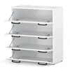 A white, four-compartment shoe cabinet with its doors open. Produktbild-Vorschau