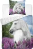A white horse stands in a field of purple flowers, with a blue sky in the background. Náhled obrázku produktu