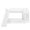 A white bunk bed with a slide and stairs against a white background. Produktbild-Vorschau