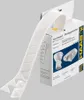 A roll of white mounting strips is shown emerging from a cardboard box. The box has product information and branding printed on it. Produktbild-Vorschau