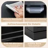 A collage of four images showing details of a black storage cabinet, with text overlays describing features. Podgląd zdjęcia produktu