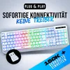 A white keyboard with RGB lighting is shown, with promotional text and a USB dongle. Produktbild-Vorschau