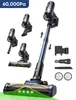 A Vactidy V12 cordless vacuum cleaner is shown with various attachments and accessories, along with a graphic indicating its suction power. Produktbild-Vorschau