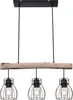 A three-light pendant lamp with a wooden beam and black metal cage shades. Produktbild-Vorschau