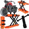 A red motorcycle is mounted on an orange scissor lift, with another orange scissor lift and a black tool in the foreground and background. Náhled obrázku produktu