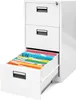 A white metal filing cabinet with three drawers, one of which is open and filled with colorful hanging files. Náhled obrázku produktu