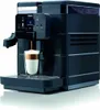 A black Saeco coffee machine is shown in a studio setting, with a glass of coffee being dispensed. Produktbild-Vorschau