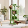 Three cats are playing on a green cat tree in a well-lit room with large windows and plants. Podgląd zdjęcia produktu