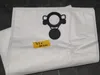 A white vacuum cleaner bag with a black plastic adapter is laid out on a dark surface. Produktbild-Vorschau
