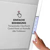 A hand is shown touching a control panel on a white appliance, with text describing its features. Produktbild-Vorschau