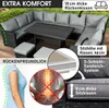 A polyrattan garden lounge set with a table and seating, featuring close-ups of cushions and a diagram illustrating back support. Produktbild-Vorschau