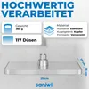 A close-up of a showerhead with product specifications displayed. Produktbild-Vorschau