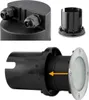 A collage of images showing different parts of a ground light fixture, including its connection point, mounting sleeve, and the assembled light with a glass cover. Produktbild-Vorschau
