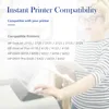 A woman is standing behind a printer, looking at a tablet. The image has text overlay about printer compatibility. Produktbild-Vorschau