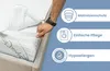A person is placing a white mattress topper onto a mattress. There are informational icons and text on the right side of the image. Produktbild-Vorschau