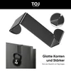 A black over-the-door hook is shown hanging on a door, with a 5kg weight attached to demonstrate its strength. A close-up inset shows the smooth edges of the hook. Produktbild-Vorschau