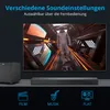 A TV screen displaying a space scene, with a soundbar and subwoofer in the foreground, and icons representing different sound modes below. Produktbild-Vorschau