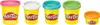 Five containers of Play-Doh with different colored lids, arranged in a row. Produktbild-Vorschau