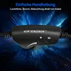 A close-up of a black gaming headset's inline controller with a blue, abstract, energetic background. Produktbild-Vorschau