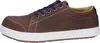 A side view of a brown Birkenstock shoe with white soles and blue laces. Produktbild-Vorschau