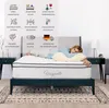 A woman sleeping on a Vesgantti mattress in a bedroom setting, with marketing icons and text displayed above. Produktbild-Vorschau