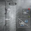 A shower system with water running, shown in a bathroom setting. Inset images compare the weight of two different shower components. Podgląd zdjęcia produktu