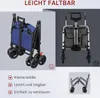 A collage of images showing a blue foldable trolley in different states and angles, along with text highlighting its features. Produktbild-Vorschau