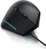 A black ergonomic vertical mouse with a blue LED light strip on a white reflective surface. Produktbild-Vorschau