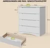 A white dresser with four drawers is shown with dimensions and weight capacity indicated by text and graphics. A single drawer is also shown separately with its dimensions and weight capacity. Anteprima dell’immagine prodotto