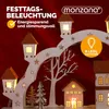 A festive wooden Christmas decoration with illuminated houses and trees, set against a red background. Náhled obrázku produktu