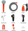 A collage of different parts of a camping shower kit, with labels in German. Náhled obrázku produktu