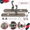 A set of door handles and related hardware laid out on a blueprint-style background. Podgląd zdjęcia produktu