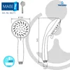 Technical drawing and a photograph of a shower head with dimensions and branding. Produktbild-Vorschau