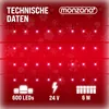Marketing image showing technical data for a string of lights, with snowflakes in the background. Produktbild-Vorschau