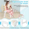 A young girl sitting on a white chair holding teddy bears, with diagrams illustrating the chair's ergonomic features. Náhľad obrázku produktu