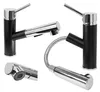 A collage of a black kitchen faucet with chrome accents, showing different angles and a close-up of the spray head. Podgląd zdjęcia produktu
