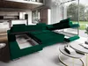 A spacious living room with a large green sectional sofa that has its sleeping and storage compartments revealed. Produktbild-Vorschau