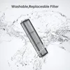 A vacuum cleaner filter is shown submerged in water, with splashes and ripples indicating it is being washed. Produktbild-Vorschau