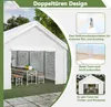 A white party tent with tables and benches set up inside, surrounded by greenery and paving stones. Inset images highlight the tent's double door design and zipper functionality. Produktbild-Vorschau